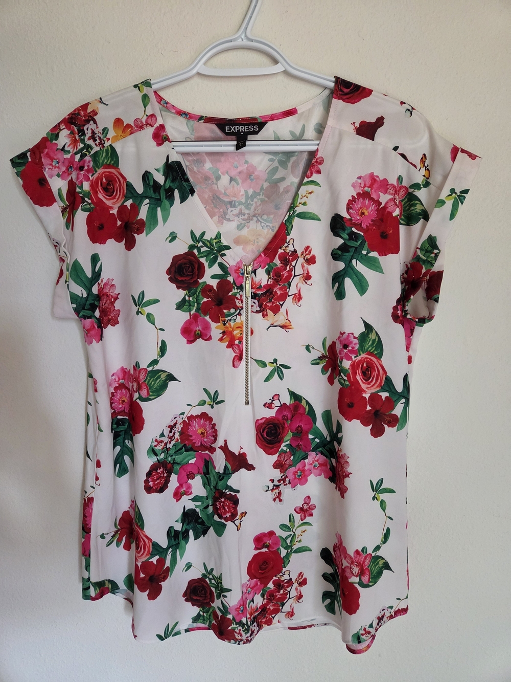 Express Floral Zip V-Neck Blouse - White, Pink, Red, Green